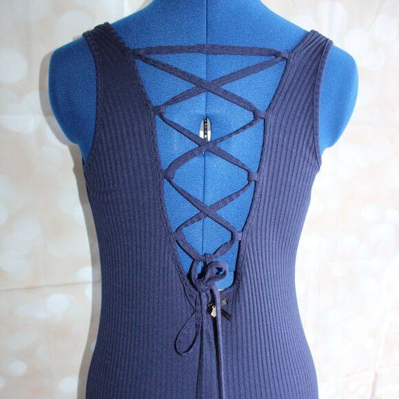 Lynne's Navy Ribbed Maxi W/ Hi-Low Hemline Dress Lace-Up Back Juniors Size L - Picture 5 of 12